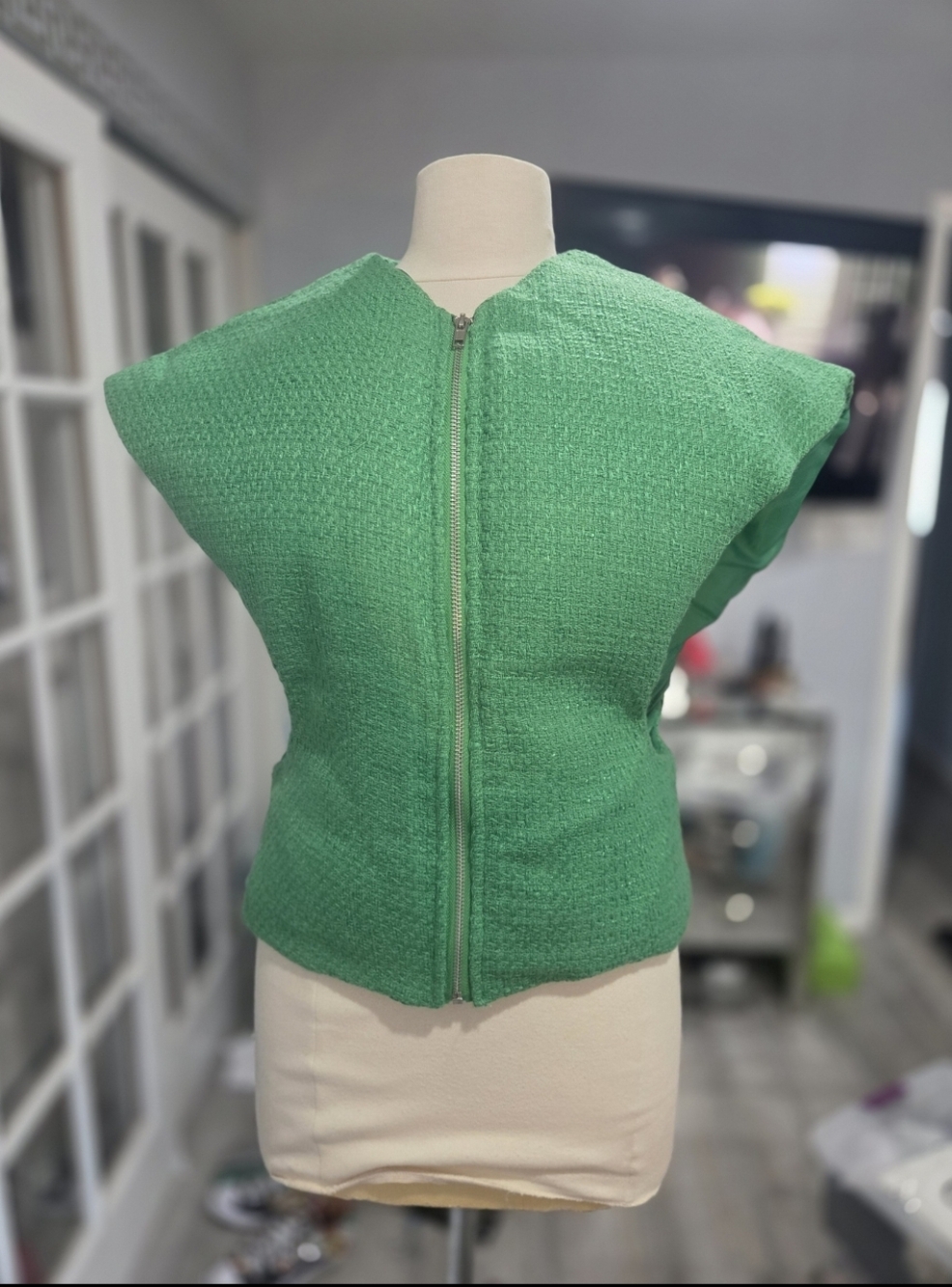 Green Textured Zip-Front Sleeveless Top